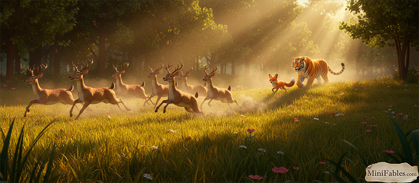 Иллюстрация к сказке Лиса пользуется мощью тигра